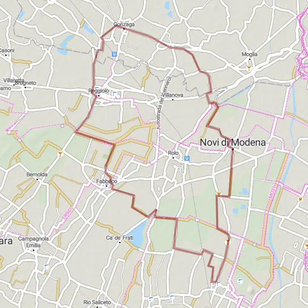 Map miniature of "Gravel Route: Fossoli to Novi di Modena via Reggiolo" cycling inspiration in Emilia-Romagna, Italy. Generated by Tarmacs.app cycling route planner