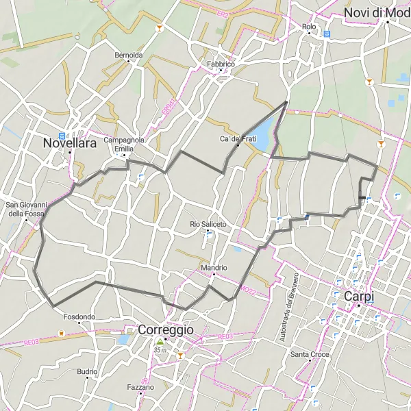 Miniaturní mapa "Road Route: Budrione - Fossoli" inspirace pro cyklisty v oblasti Emilia-Romagna, Italy. Vytvořeno pomocí plánovače tras Tarmacs.app