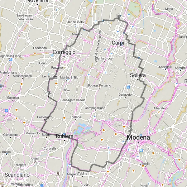 Zemljevid v pomanjšavi "Kolesarska tura Soliera - Rubiera - Gazzata - Fossoli" kolesarske inspiracije v Emilia-Romagna, Italy. Generirano z načrtovalcem kolesarskih poti Tarmacs.app