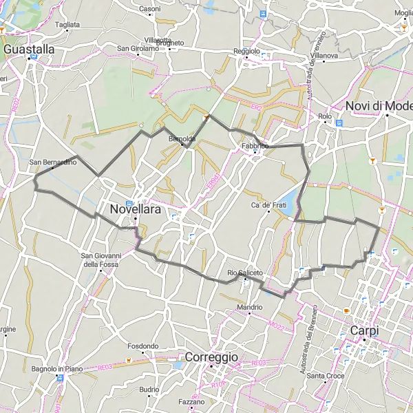 Miniaturní mapa "Road Route: Fossoli - Fabbrico" inspirace pro cyklisty v oblasti Emilia-Romagna, Italy. Vytvořeno pomocí plánovače tras Tarmacs.app