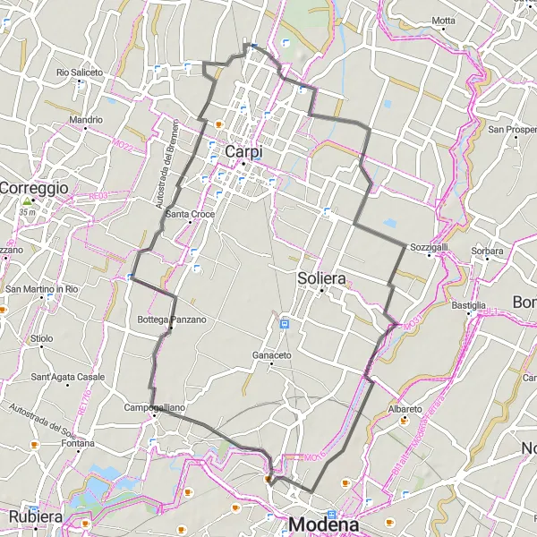 Zemljevid v pomanjšavi "Kolesarska tura skozi Campogalliano" kolesarske inspiracije v Emilia-Romagna, Italy. Generirano z načrtovalcem kolesarskih poti Tarmacs.app