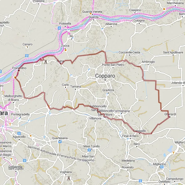 Miniatua del mapa de inspiración ciclista "Ruta de Grava Francolino-Ruina-Coccanile-Cesta-Tresigallo" en Emilia-Romagna, Italy. Generado por Tarmacs.app planificador de rutas ciclistas