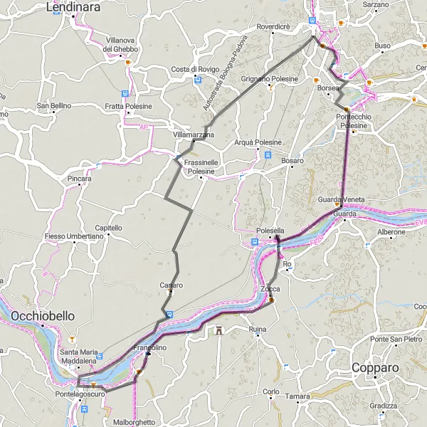 Mapa miniatúra "Cyklotrasa Canaro - Ro - Fossa d'Albero" cyklistická inšpirácia v Emilia-Romagna, Italy. Vygenerované cyklistickým plánovačom trás Tarmacs.app