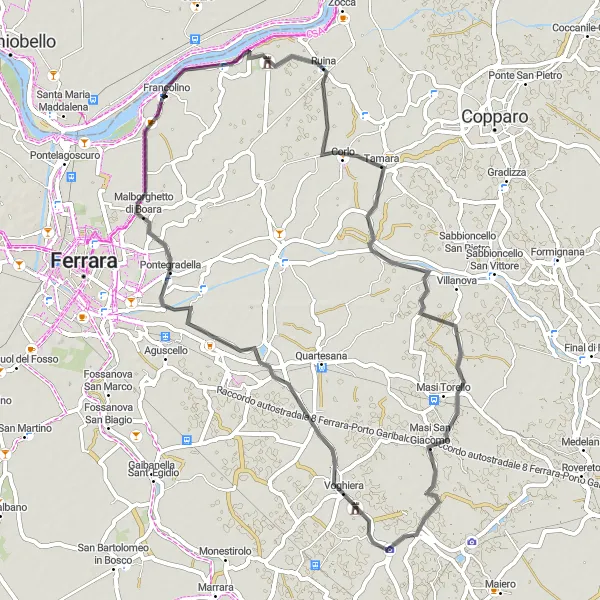 Map miniature of "Francolino to Pontegradella Adventure" cycling inspiration in Emilia-Romagna, Italy. Generated by Tarmacs.app cycling route planner