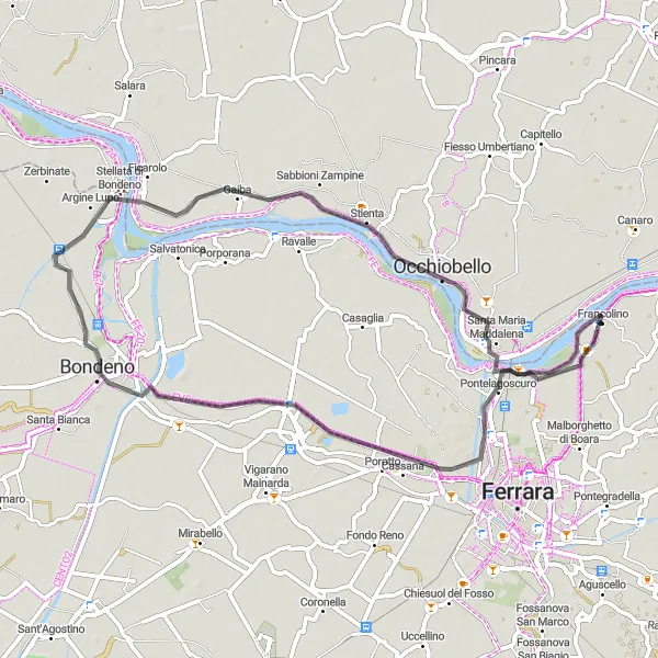 Miniaturní mapa "Cyklotrasa Pontelagoscuro - Bondeno - Ficarolo - Occhiobello" inspirace pro cyklisty v oblasti Emilia-Romagna, Italy. Vytvořeno pomocí plánovače tras Tarmacs.app