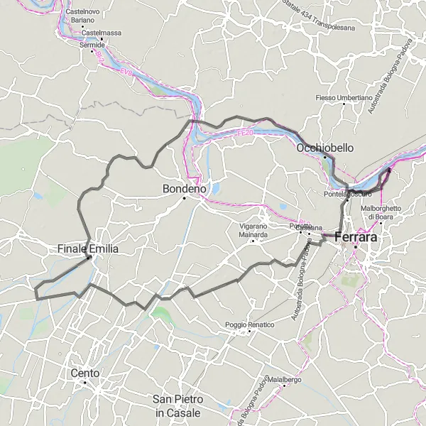 Miniaturní mapa "Cyklotrasa Cassana - Sant'Agostino - Finale Emilia - Ficarolo - Occhiobello" inspirace pro cyklisty v oblasti Emilia-Romagna, Italy. Vytvořeno pomocí plánovače tras Tarmacs.app