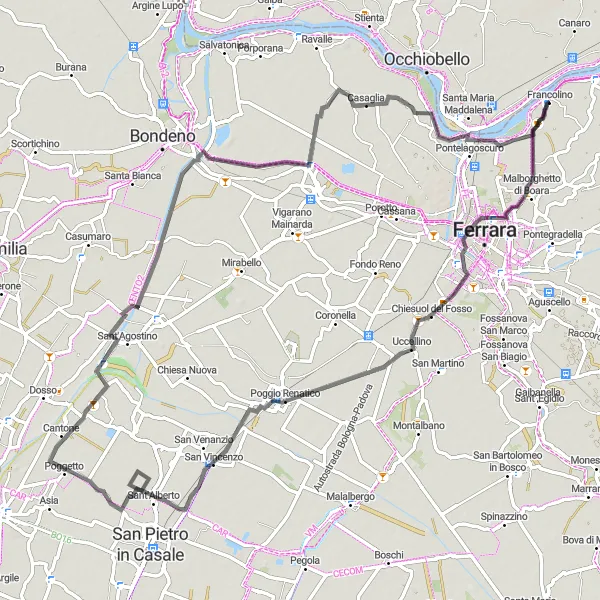 Miniatura della mappa di ispirazione al ciclismo "Itinerario dei Castelli e delle Torri" nella regione di Emilia-Romagna, Italy. Generata da Tarmacs.app, pianificatore di rotte ciclistiche