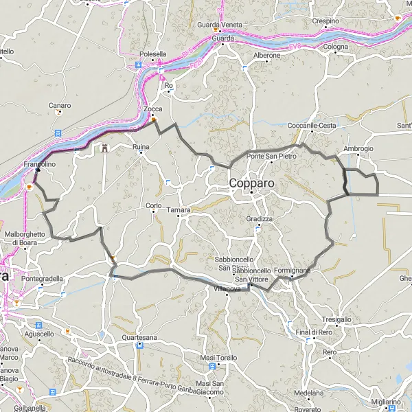 Miniature de la carte de l'inspiration cycliste "Parcours Baura et Pescara" dans la Emilia-Romagna, Italy. Générée par le planificateur d'itinéraire cycliste Tarmacs.app