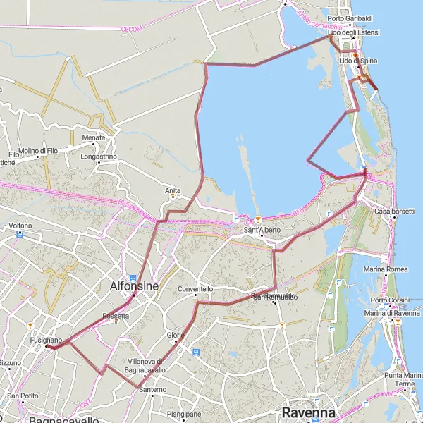 Miniatua del mapa de inspiración ciclista "Ruta de grava a través de Alfonsine y Lido degli Estensi" en Emilia-Romagna, Italy. Generado por Tarmacs.app planificador de rutas ciclistas