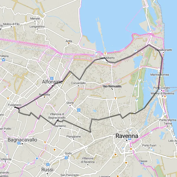 Zemljevid v pomanjšavi "Raznolika kolesarska pot okoli Fusignana" kolesarske inspiracije v Emilia-Romagna, Italy. Generirano z načrtovalcem kolesarskih poti Tarmacs.app