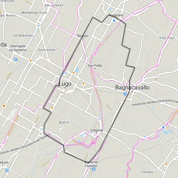 Miniatura della mappa di ispirazione al ciclismo "33 km tra Bagnacavallo e Lugo" nella regione di Emilia-Romagna, Italy. Generata da Tarmacs.app, pianificatore di rotte ciclistiche