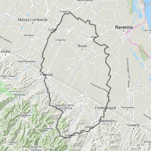 Kartminiatyr av "Utmanande rundtur till Fusignano via flera historiska platser" cykelinspiration i Emilia-Romagna, Italy. Genererad av Tarmacs.app cykelruttplanerare