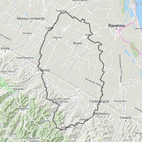 Miniatuurkaart van de fietsinspiratie "Wielrenroute door Forlimpopoli, Faenza en Fusignano" in Emilia-Romagna, Italy. Gemaakt door de Tarmacs.app fietsrouteplanner