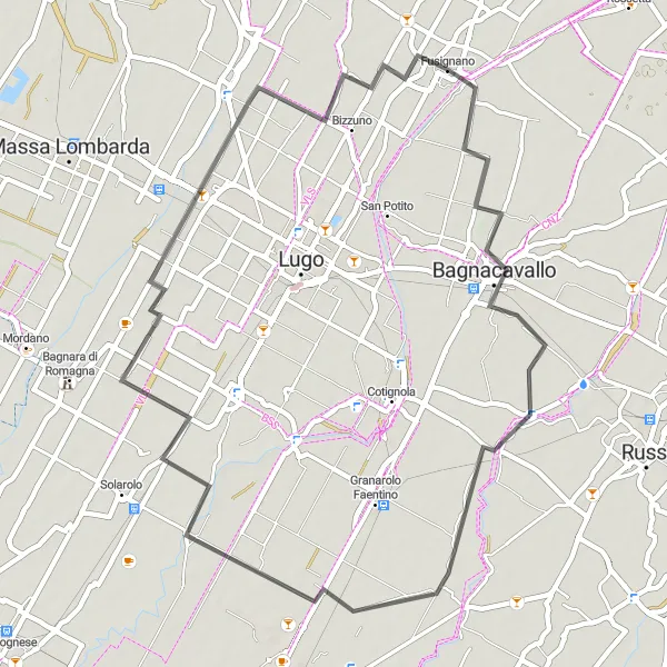 Miniaturní mapa "Působivá okružní trasa kolem Fusignana" inspirace pro cyklisty v oblasti Emilia-Romagna, Italy. Vytvořeno pomocí plánovače tras Tarmacs.app