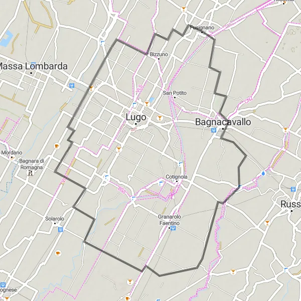 Miniatura della mappa di ispirazione al ciclismo "52 km tra Bagnacavallo e Fusignano" nella regione di Emilia-Romagna, Italy. Generata da Tarmacs.app, pianificatore di rotte ciclistiche