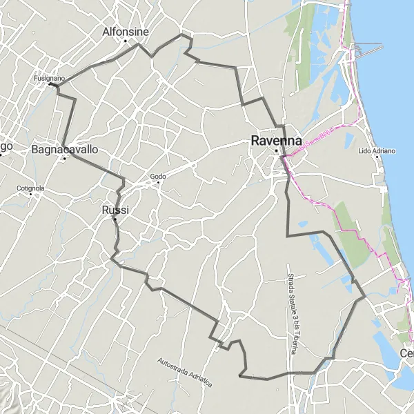 Miniaturní mapa "Cyklistická trasa Ravenna a okolí" inspirace pro cyklisty v oblasti Emilia-Romagna, Italy. Vytvořeno pomocí plánovače tras Tarmacs.app