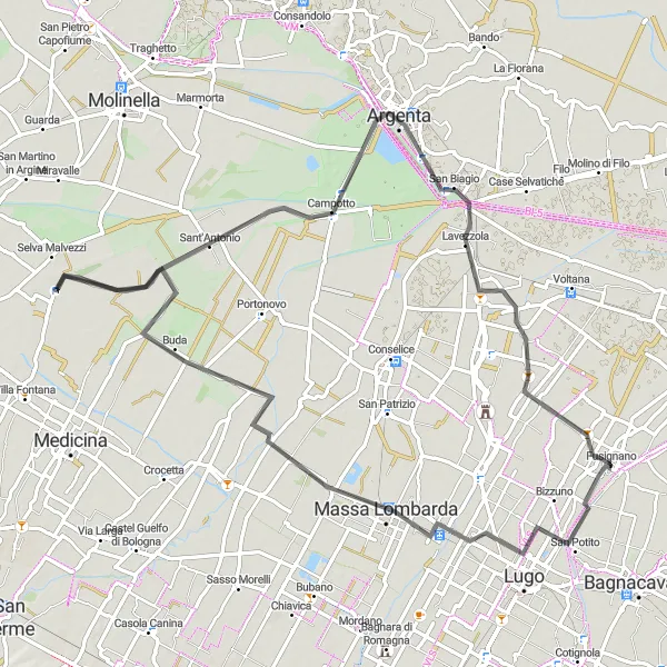 Miniatura della mappa di ispirazione al ciclismo "Giro Panoramico tra Massa Lombarda e Lavezzola" nella regione di Emilia-Romagna, Italy. Generata da Tarmacs.app, pianificatore di rotte ciclistiche