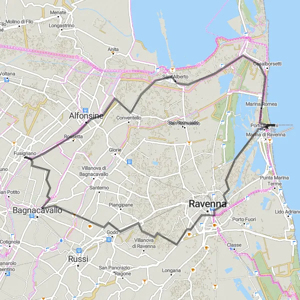 Mapa miniatúra "Cyklotrasa cez Ravennu" cyklistická inšpirácia v Emilia-Romagna, Italy. Vygenerované cyklistickým plánovačom trás Tarmacs.app