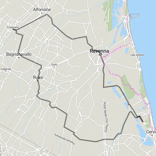 Mapa miniatúra "Výlet do Castiglione di Ravenna" cyklistická inšpirácia v Emilia-Romagna, Italy. Vygenerované cyklistickým plánovačom trás Tarmacs.app
