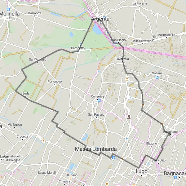 Miniatua del mapa de inspiración ciclista "Ruta de Ciclismo de Carretera Fusignano - Massa Lombarda - Argenta - Lavezzola - Fusignano" en Emilia-Romagna, Italy. Generado por Tarmacs.app planificador de rutas ciclistas
