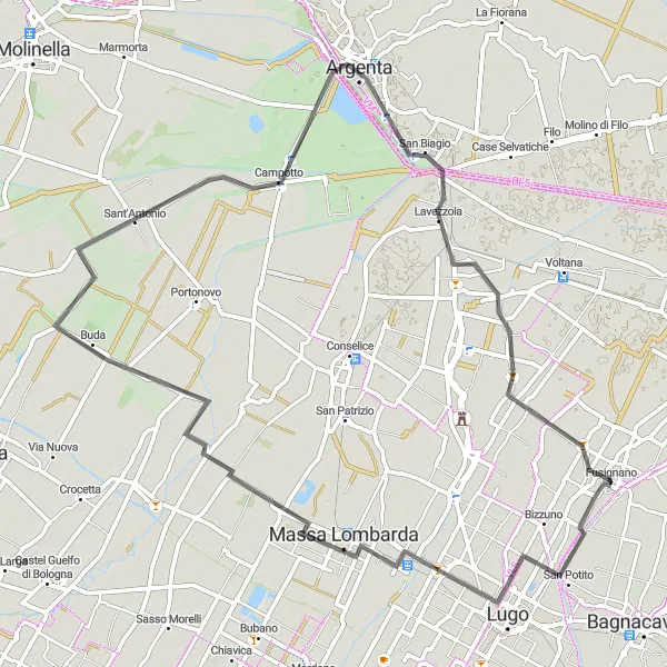 Miniatura della mappa di ispirazione al ciclismo "Giro in bicicletta da Fusignano a Massa Lombarda" nella regione di Emilia-Romagna, Italy. Generata da Tarmacs.app, pianificatore di rotte ciclistiche