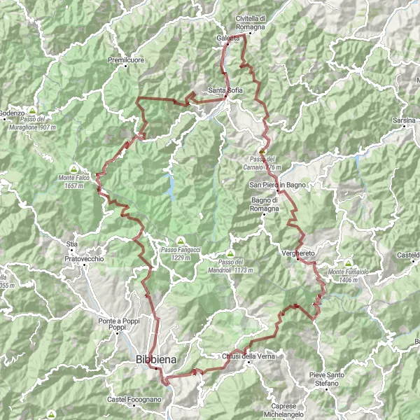 Miniatuurkaart van de fietsinspiratie "Civitella di Romagna en Monte Gabrendo Gravel Adventure" in Emilia-Romagna, Italy. Gemaakt door de Tarmacs.app fietsrouteplanner