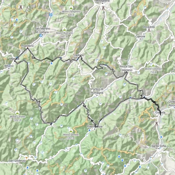 Miniatura della mappa di ispirazione al ciclismo "Galeata - Monte Delle Forche" nella regione di Emilia-Romagna, Italy. Generata da Tarmacs.app, pianificatore di rotte ciclistiche