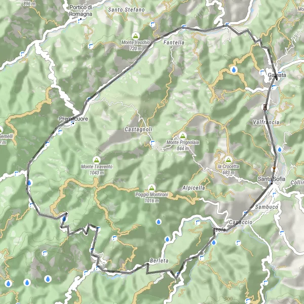 Miniaturní mapa "Kolečko na silnici kolem Galeaty" inspirace pro cyklisty v oblasti Emilia-Romagna, Italy. Vytvořeno pomocí plánovače tras Tarmacs.app