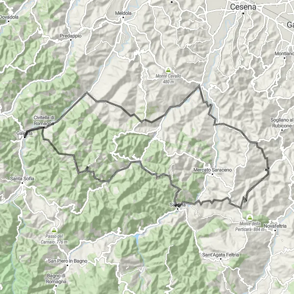 Miniaturní mapa "Cyklostezka Monte della Faggia" inspirace pro cyklisty v oblasti Emilia-Romagna, Italy. Vytvořeno pomocí plánovače tras Tarmacs.app