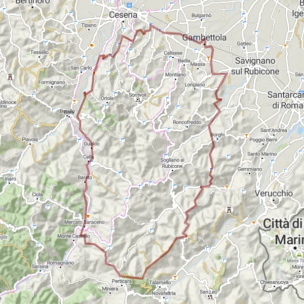 Miniatua del mapa de inspiración ciclista "Desafío en Grava a Monte Maggiore" en Emilia-Romagna, Italy. Generado por Tarmacs.app planificador de rutas ciclistas