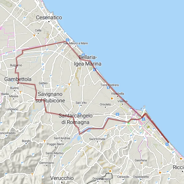Miniature de la carte de l'inspiration cycliste "Gravel Adventure to Rimini" dans la Emilia-Romagna, Italy. Générée par le planificateur d'itinéraire cycliste Tarmacs.app