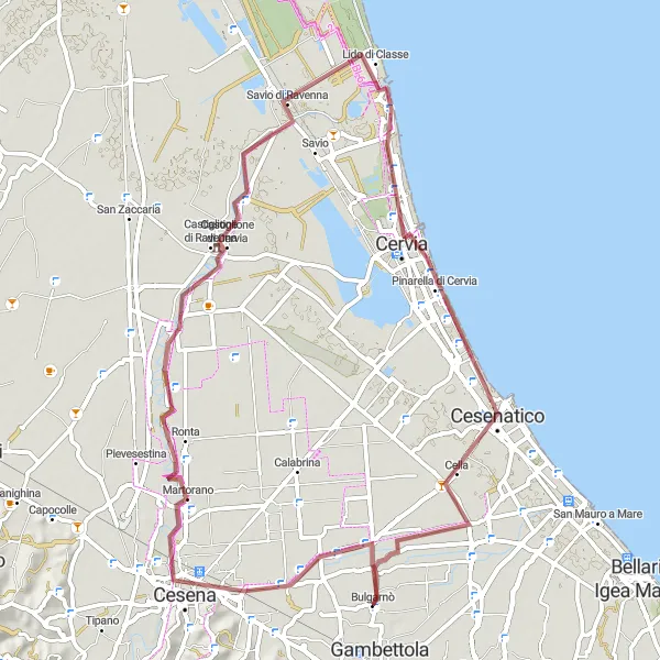 Miniatura della mappa di ispirazione al ciclismo "Tour in bicicletta tra Cesena e Cervia" nella regione di Emilia-Romagna, Italy. Generata da Tarmacs.app, pianificatore di rotte ciclistiche