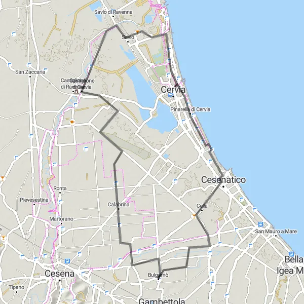 Miniatura della mappa di ispirazione al ciclismo "Rotta cicloturistica tra Castiglione e Cesenatico" nella regione di Emilia-Romagna, Italy. Generata da Tarmacs.app, pianificatore di rotte ciclistiche