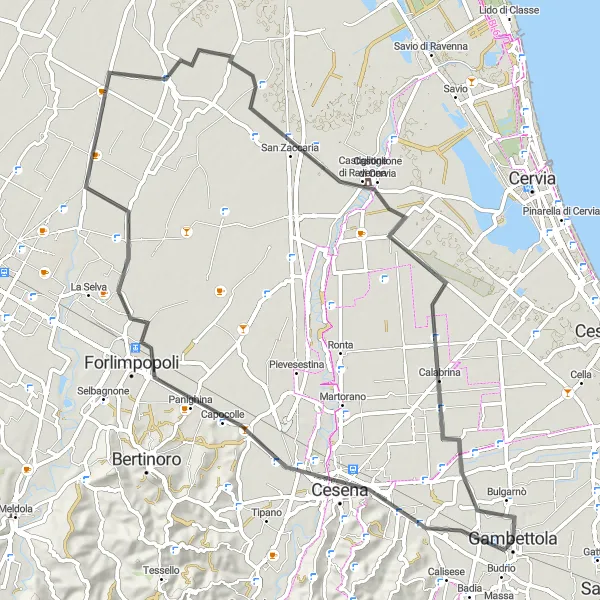 Karttaminiaatyyri "Kulttuurien kohtaaminen Gambettolasta Cesenaan" pyöräilyinspiraatiosta alueella Emilia-Romagna, Italy. Luotu Tarmacs.app pyöräilyreittisuunnittelijalla