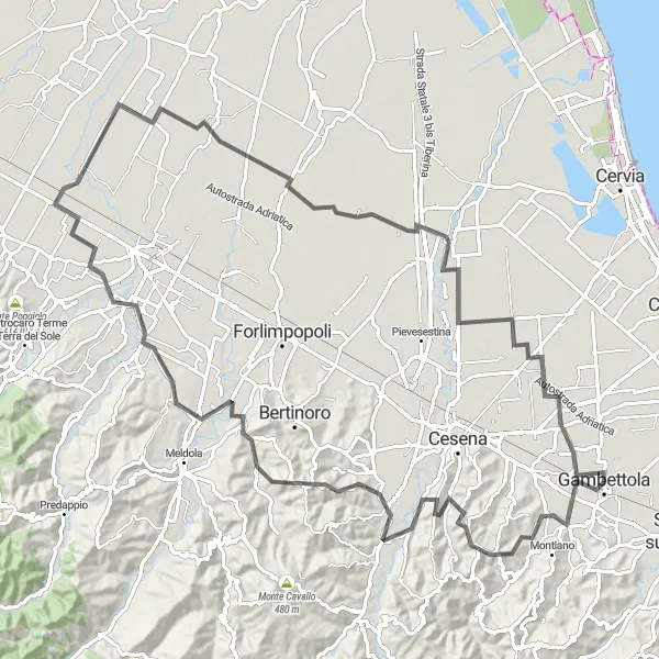 Zemljevid v pomanjšavi "Kolesarska pot Calisese - Pievequinta" kolesarske inspiracije v Emilia-Romagna, Italy. Generirano z načrtovalcem kolesarskih poti Tarmacs.app