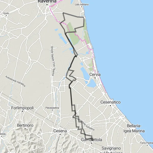 Kartminiatyr av "Landevei Eventyr nær Gambettola" sykkelinspirasjon i Emilia-Romagna, Italy. Generert av Tarmacs.app sykkelrutoplanlegger