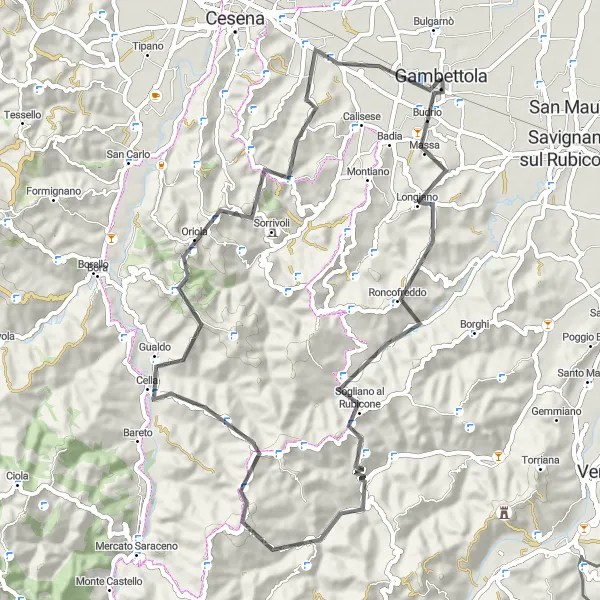 Zemljevid v pomanjšavi "Kolesarska pot Sogliano al Rubicone - Sorivoli" kolesarske inspiracije v Emilia-Romagna, Italy. Generirano z načrtovalcem kolesarskih poti Tarmacs.app