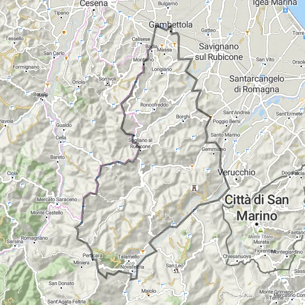 Kartminiatyr av "Runt Monte Ceti och Monte della Perticara" cykelinspiration i Emilia-Romagna, Italy. Genererad av Tarmacs.app cykelruttplanerare