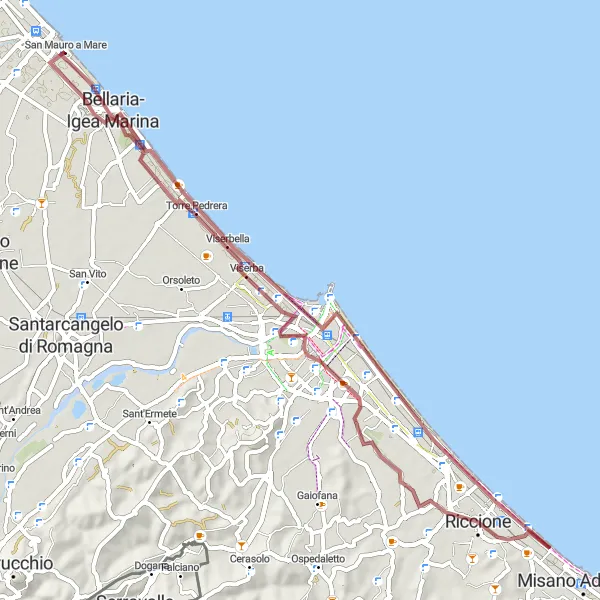 Mapa miniatúra "Gravel okruh okolo Rimini" cyklistická inšpirácia v Emilia-Romagna, Italy. Vygenerované cyklistickým plánovačom trás Tarmacs.app