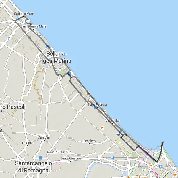 Miniatuurkaart van de fietsinspiratie "Rimini naar Torre Saracena Road Route" in Emilia-Romagna, Italy. Gemaakt door de Tarmacs.app fietsrouteplanner