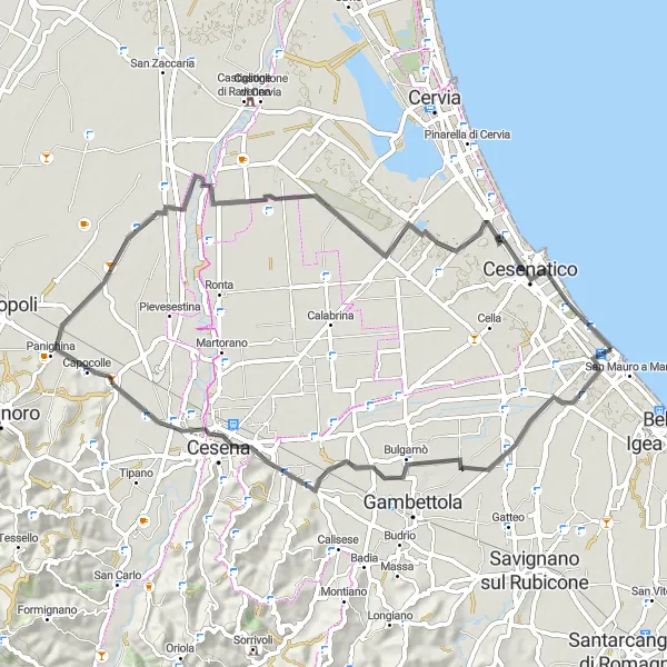 Map miniature of "Scenic Road Route to Cesenatico" cycling inspiration in Emilia-Romagna, Italy. Generated by Tarmacs.app cycling route planner
