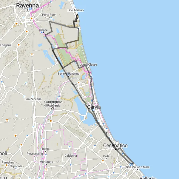 Miniatura della mappa di ispirazione al ciclismo "Viaggio storico sulla strada" nella regione di Emilia-Romagna, Italy. Generata da Tarmacs.app, pianificatore di rotte ciclistiche