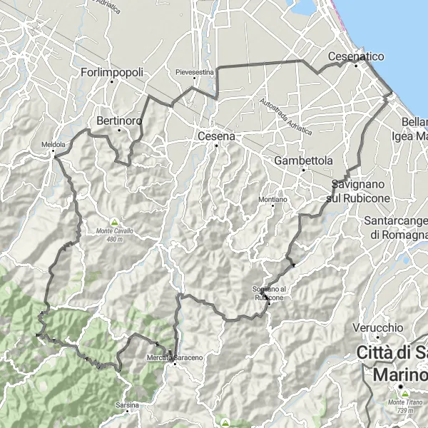 Karten-Miniaturansicht der Radinspiration "Die Erklimmung der Berge von Emilia-Romagna" in Emilia-Romagna, Italy. Erstellt vom Tarmacs.app-Routenplaner für Radtouren