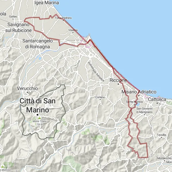 Karttaminiaatyyri "Rimini - Montegridolfo Gravel Route" pyöräilyinspiraatiosta alueella Emilia-Romagna, Italy. Luotu Tarmacs.app pyöräilyreittisuunnittelijalla