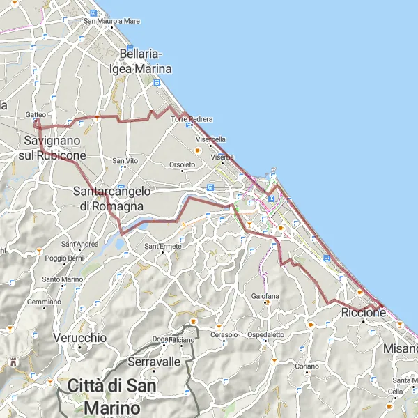 Miniatua del mapa de inspiración ciclista "Ruta de grava desde Gatteo-Sant'Angelo a San Mauro Pascoli" en Emilia-Romagna, Italy. Generado por Tarmacs.app planificador de rutas ciclistas