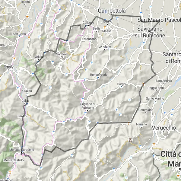 Miniature de la carte de l'inspiration cycliste "Les collines de Romagne" dans la Emilia-Romagna, Italy. Générée par le planificateur d'itinéraire cycliste Tarmacs.app