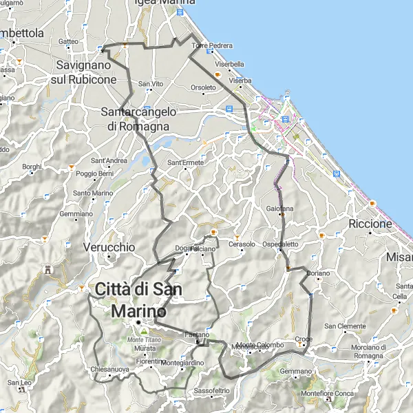 Miniaturní mapa "Výzva na silnici kolem Gatteo-Sant'Angelo" inspirace pro cyklisty v oblasti Emilia-Romagna, Italy. Vytvořeno pomocí plánovače tras Tarmacs.app