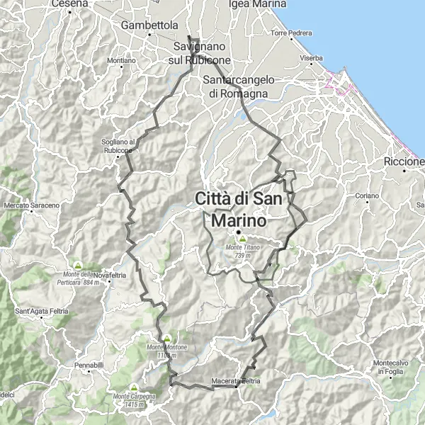 Map miniature of "Mountain Adventure" cycling inspiration in Emilia-Romagna, Italy. Generated by Tarmacs.app cycling route planner