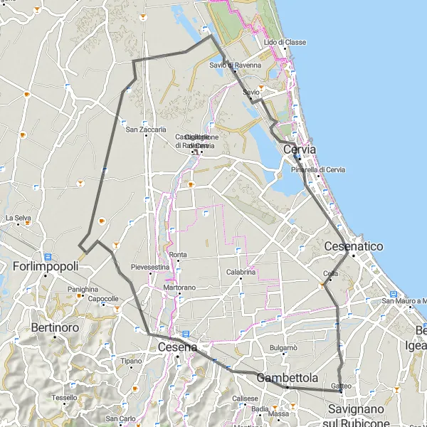 Miniatua del mapa de inspiración ciclista "Ruta de carretera desde Gatteo-Sant'Angelo a Cesena" en Emilia-Romagna, Italy. Generado por Tarmacs.app planificador de rutas ciclistas