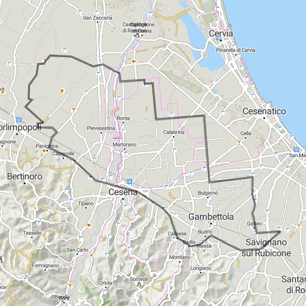 Miniatua del mapa de inspiración ciclista "Ruta panorámica de Cesena a San Mauro Pascoli" en Emilia-Romagna, Italy. Generado por Tarmacs.app planificador de rutas ciclistas